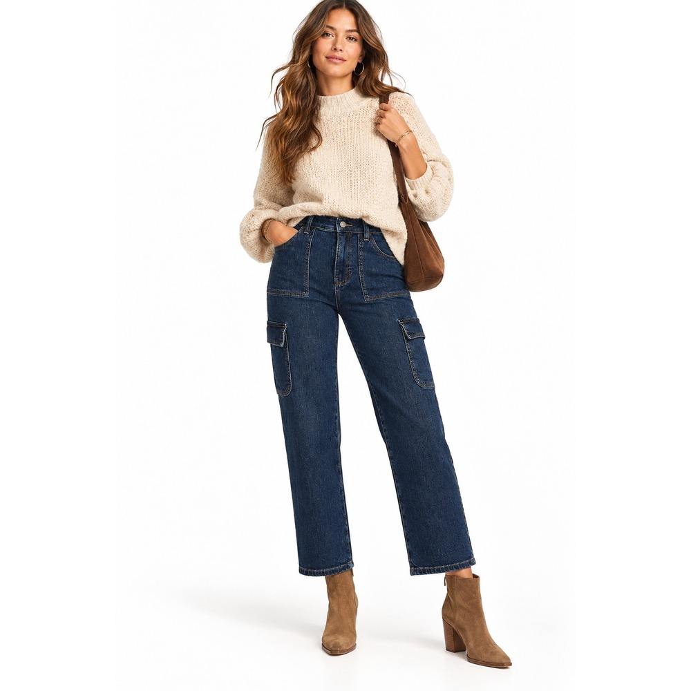 JUSTUSA Womens High Rise Cargo Straight Leg Jeans Blue Indigo 26P 2P NWT